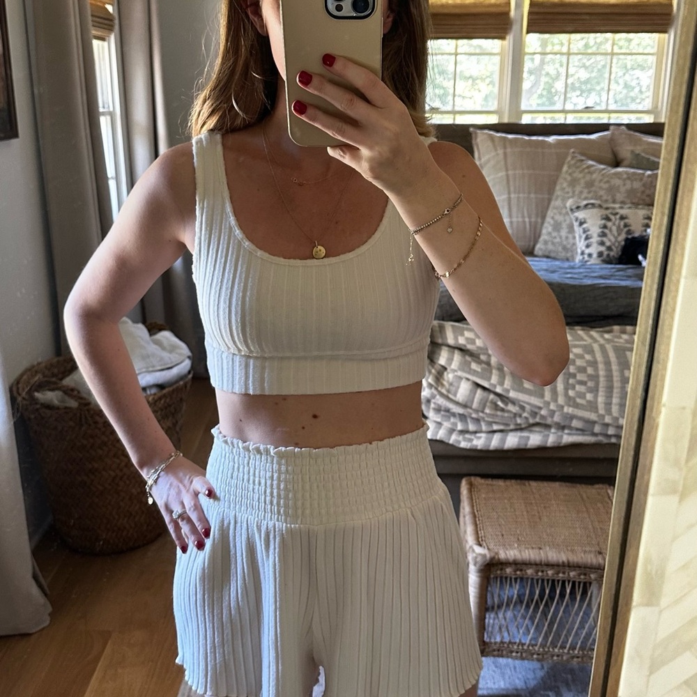 Z Supply Dawn Smocked Rib Short and Tank Top Bra White Ribbed Two-Piece Set